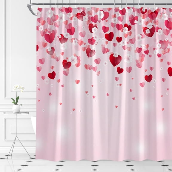 Valentine''s Day Shower Curtain Red Heart Pink Floral Romantice Sweet Couple Fabric Bathroom Curtain Set with Hooks(70" WX70 H)