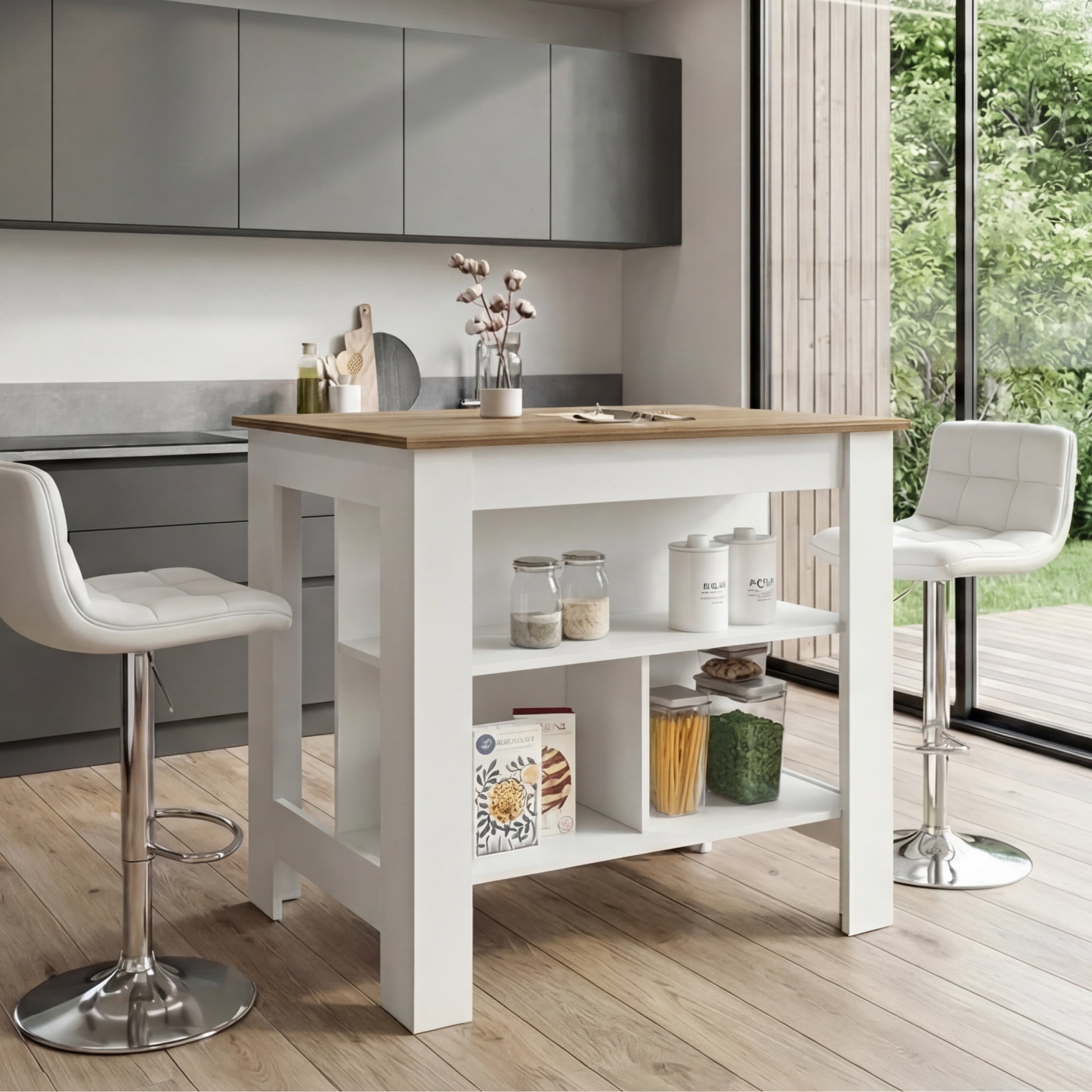 TUHOME Freestanding Cala 3-Shelf Wooden Kitchen Island, White Base/Light Oak Top
