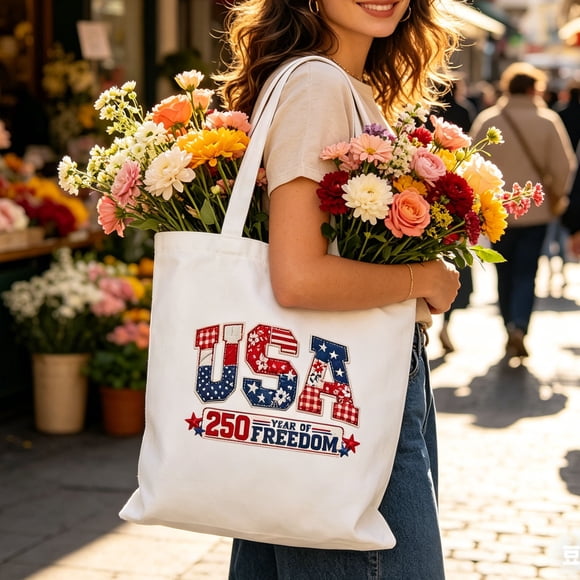 Bolso de lona para la compra, bolso de hombro patriótico del 250 aniversario de EE. UU. – Bolso reutilizable del Día de la Independencia con diseño de bandera para ir de compras, a la playa o