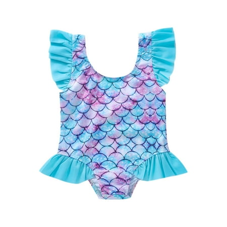 

YWDJ 9Month-3Year Toddler Girls Swimsuit Flying Sleeves Mermaid Print Princess One-piece Swimsuit Blue 80