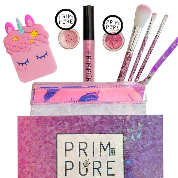 Prim and Pure Kids Cosmetic Mineral Makeup Eyeshadow Blush Lip Gloss Play  Set Bundle with Brushes and Case (Pink)