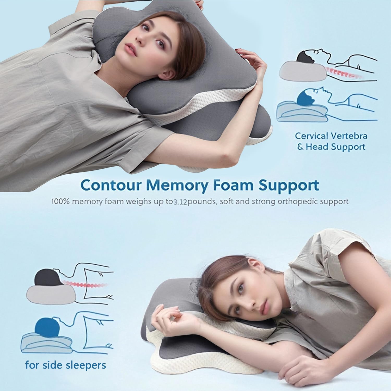 Ergo Pillow for Sleep Apnea, Neck Pain, and Snoring Relief | Cervical Neck Pillow for Side Sleepers | Orthopedic Memory Foam with Ergonomic Support （Gray）