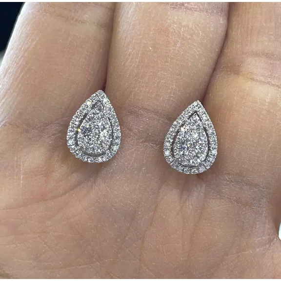 2Ct Pear Cut Moissanite Halo Women's Stud Earrings In 14K White Gold Plated