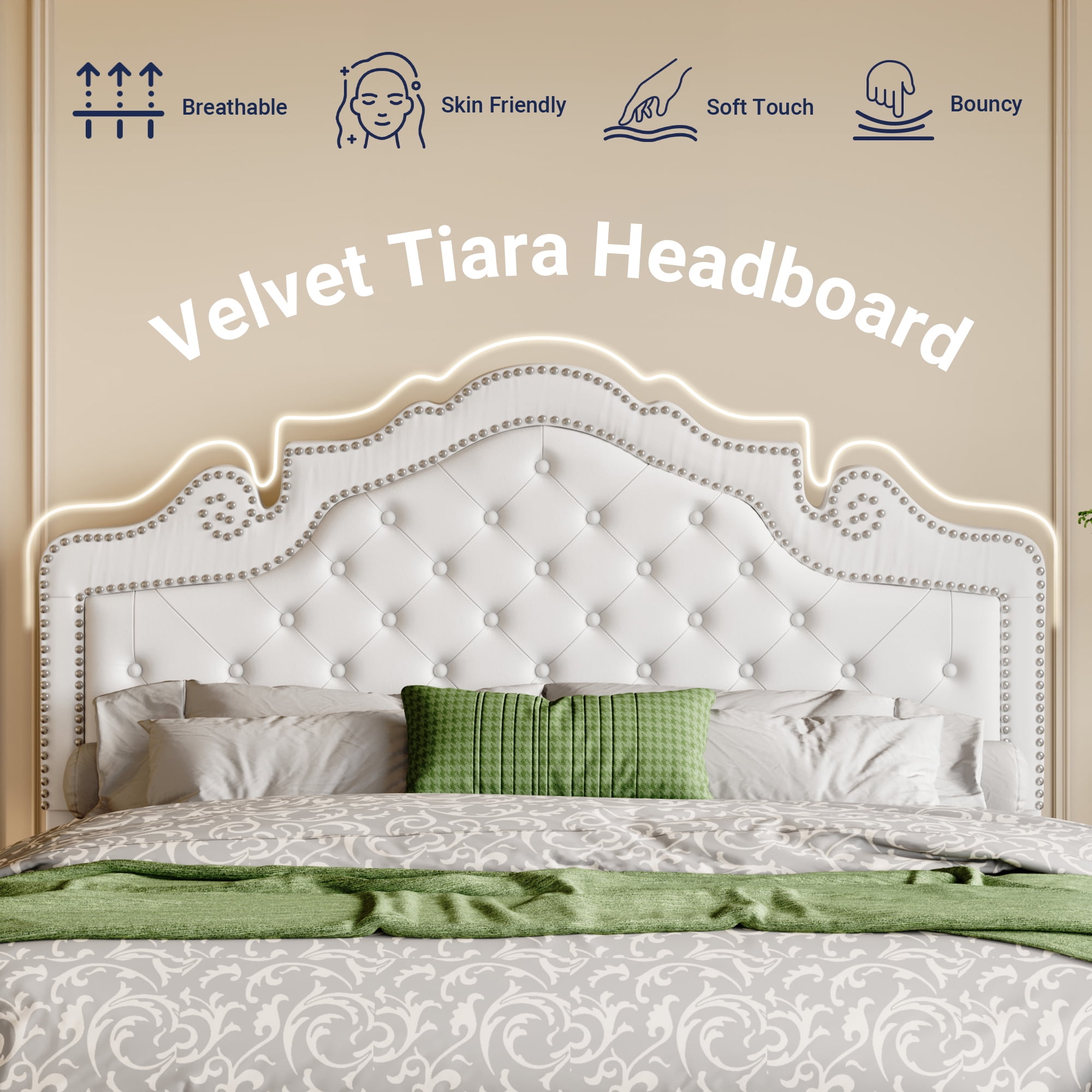 Allewie Full Bed Frame, Velvet Tiara Upholstered Diamond Button Tufted Headboard, No Box Spring Needed, White