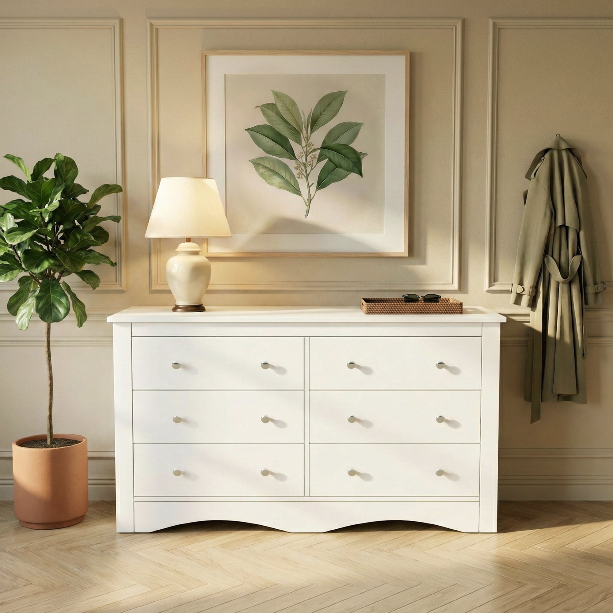 Homall 6 Drawer Dresser for Bedroom, Wood Double Chest of Drawers with Metal Handles, Wide Storage Cabinet Organizer for Living Room, White