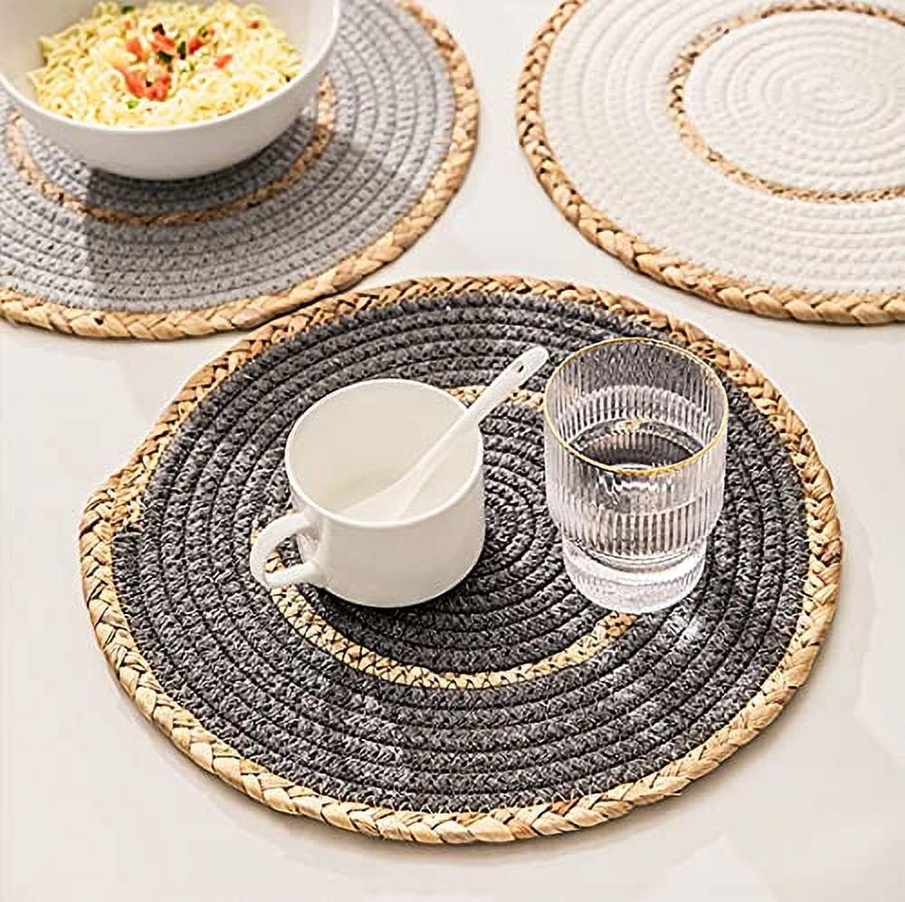 Fennco Styles Hand-Woven Rattan Cotton Rope Placemats 12-Inch Round, Set of 4 - Slate Braided Table Mats Heat Resistant Insulation for Home, Boho Décor, Dining Table, Banquets, Special Events