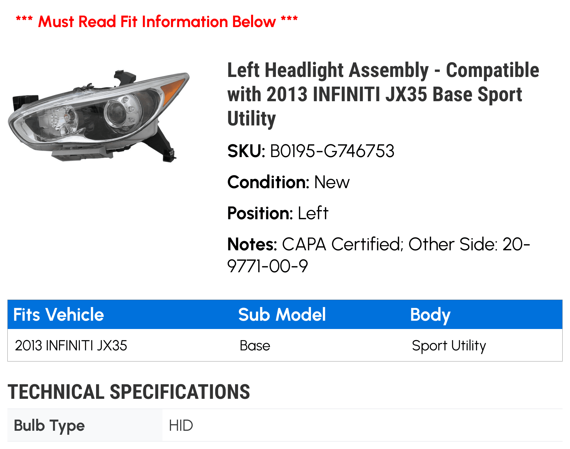 Left Headlight Assembly - Compatible with 2013 INFINITI JX35 Base