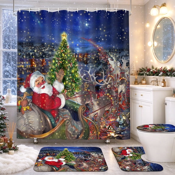FRAMICS Christmas Shower Curtain Sets with Rugs, 16 Pc Santa Reindeer Bathroom Sets, Xmas Tree Waterproof Fabric Bathroom Curtain Decor with Hooks