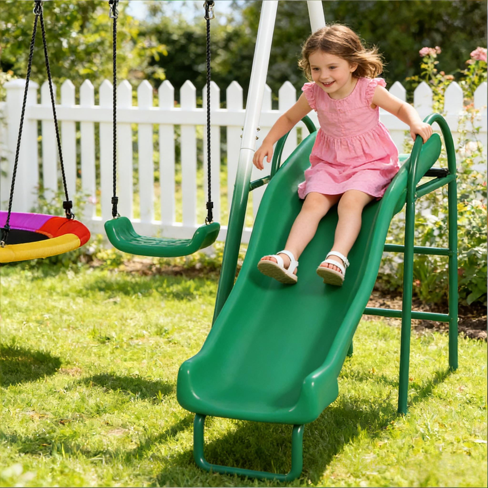 Kids Swing Set with Saucer Swing Seat Slide 265 lbs Capacity A-Frame Steel for Backyard Ages 3-8