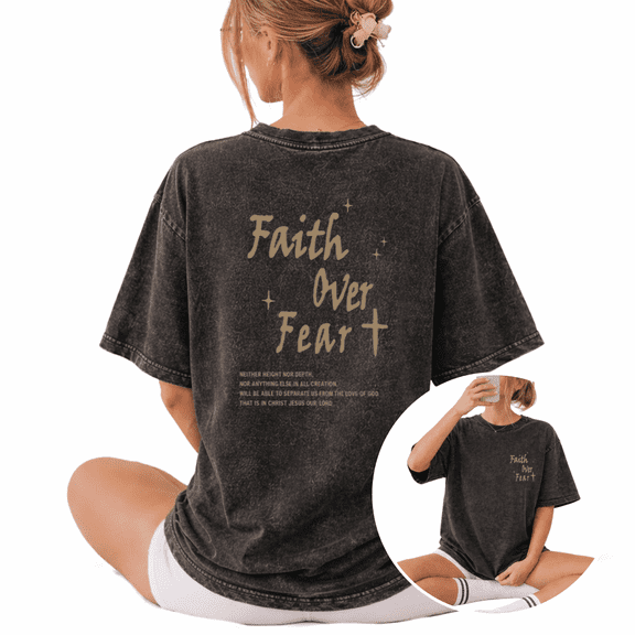 Retro Christian Faith Over Fear Cross Wash Print Tshirt S-2XL Vintage Black Graphic Tees Gift Shirts for Faith Fan Tops