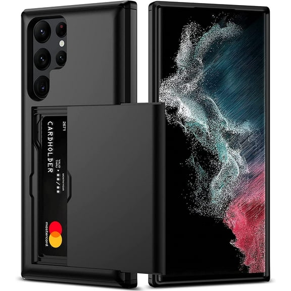 S22 Ultra Wallet Case -Card Holder Shockproof Silicone TPU Hard PC Dual Layer Protective Case Black