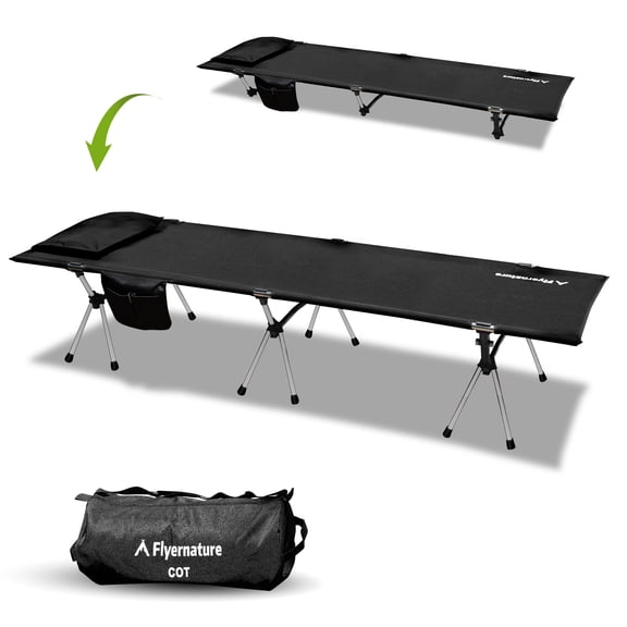 Flyernature 2-in-1 Ultra-Light Portable Camping Cot for Adults Folding Backpacking Cot with Leg Extenders, 300 LBS One Person Sleeping Cot, Black