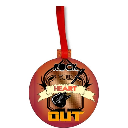 Heart Shaped Guitar Rock Your Heart Out Music Ukelele Electric Guitar Rockstar Round Shaped Flat Hardboard Christmas Ornament Tree Decoration - Unique Modern Novelty Tree Décor Favors ()