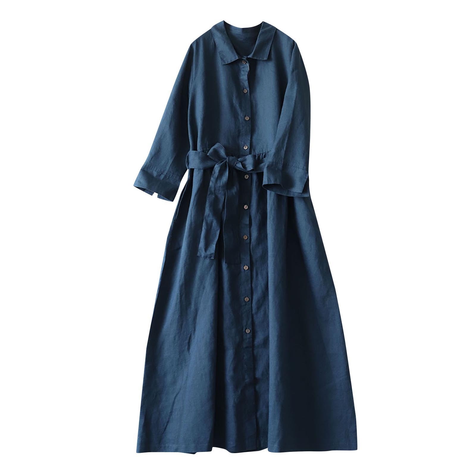 Fartey Womens Summer Dresses Under $10 Vintage Short Sleeve Cotton Linen Midi Dress Solid Color Button Lapel Beach Dress Casual Flowy Tunic Daily Sundress