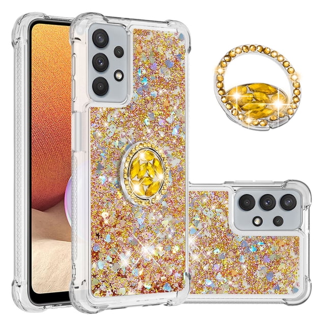 Funda para Samsung Galaxy A32 5G con Brillo Líquido Flotante, Purpurina, Parachoques y Anillo Giratorio Soporte
