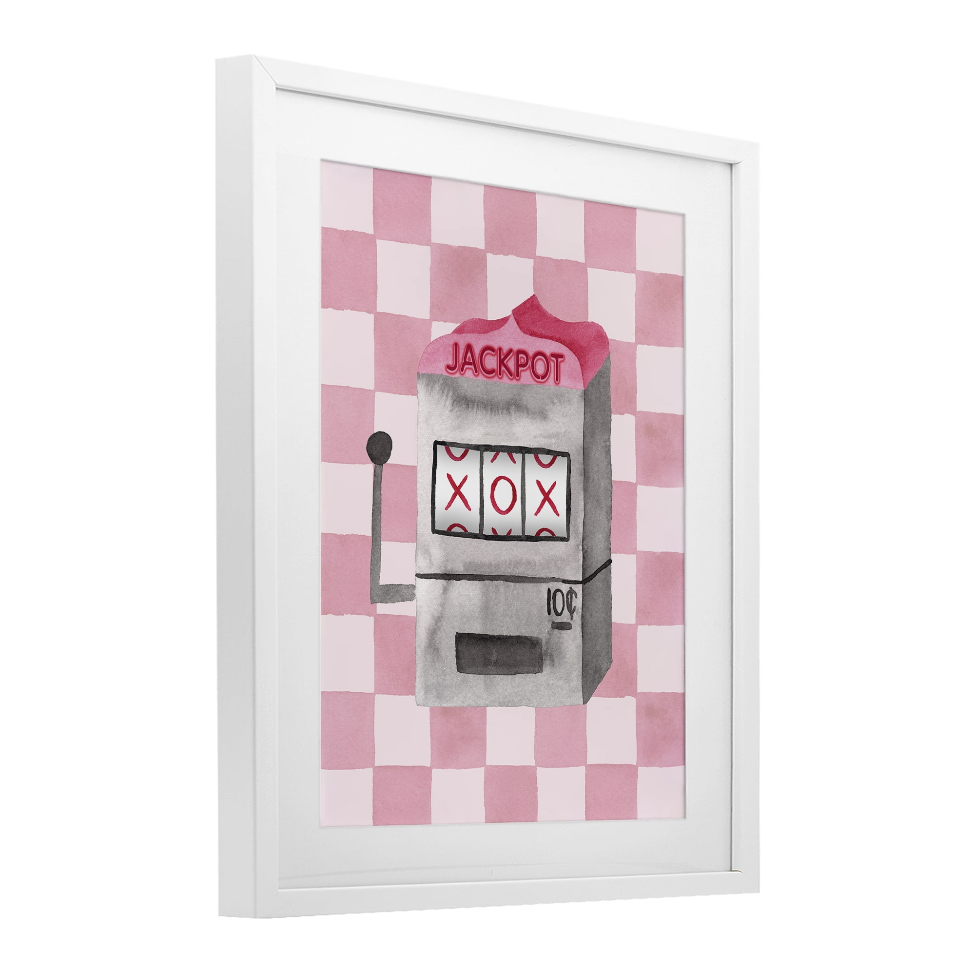 Jackpot Slot Machine White Framed Print Under Glass, design by Nina Jacobs