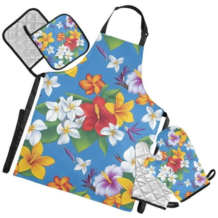 Ryvnso Colorful Jasmine Flowers Kitchen Apron Oven Mitts Set Pot Holders