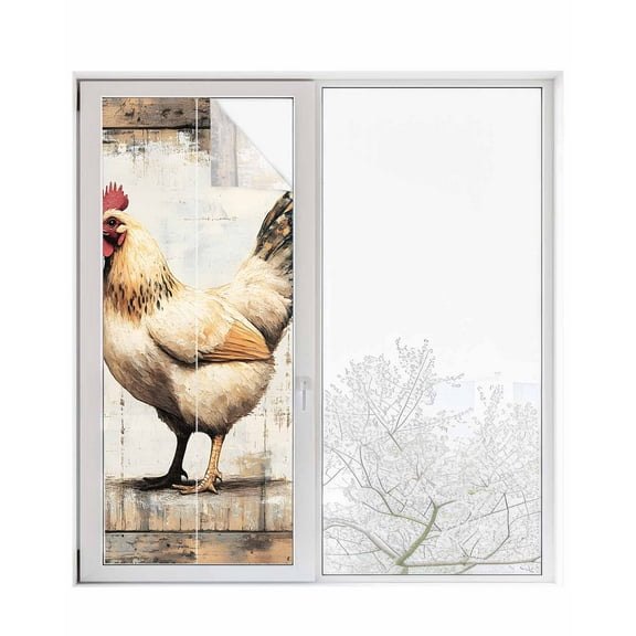 Window Privacy Film Farmhouse Chicken Stained Glass Window Film Decorative Sun Block Window Cover Vintage Rustic Shabby Wooden Window Clings Static Adhesive Sticker for Bathroom 29.5"x78.7"