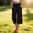 thumbnail image 4 of Yuanlook Women's Cropped Wide Leg Pants, Elastic Waist Large Patch Pockets Relaxed Capri Pants for Casual Outings and Weekend Gatherings S‑XXL, 4 of 9