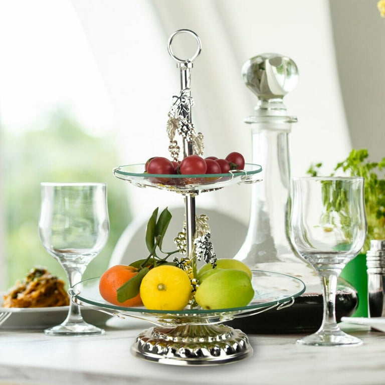 Miumaeov 2-Tier Fruit and Cake Silver Stand Round Glass Display