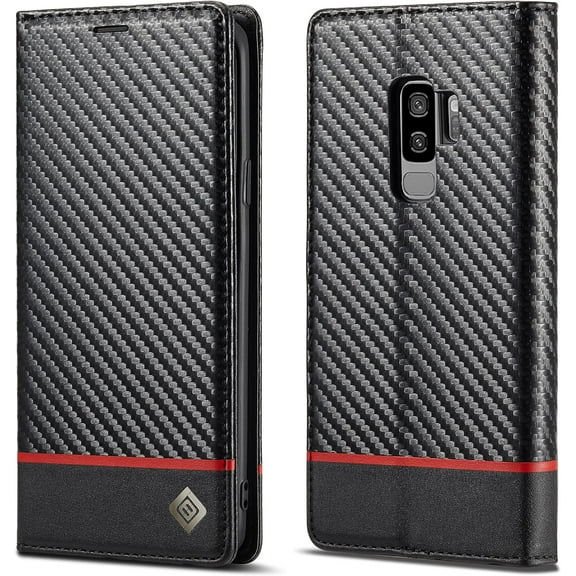 Wallet Case for Samsung Galaxy S9, Carbon Fiber Premium PU Leather Flip Case with Card Holder Magnetic Closure Protective Cover for Samsung Galaxy S9, Horizontal Red Line