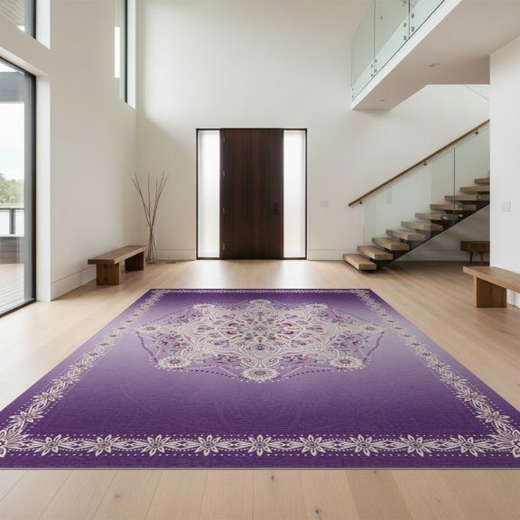 Design&I 8'x10' Washable Area Rug Extra Large Skid-Resistant Low Profile Boho Abstract Ombre Border Watercolor Gradient Blended Purple Flowing Dynamic for Living Room, Family