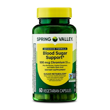 Spring Valley Advanced Formula Blood Sugar Support Dietary Supplement Vegetarian Capsules, 500 mcg Chromium, 60 Count