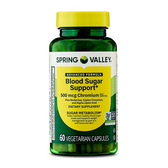 Spring Valley Advanced Formula Blood Sugar Support Dietary Supplement Vegetarian Capsules, 500 mcg Chromium, 60 Count