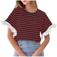 thumbnail image 2 of Yuyuzo Hauts pour Femmes T-Shirts à Manches Courtes à Volants Col Rond Décontracté Basique Rayé Tenues d'Été, 2 of 7