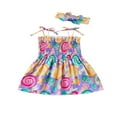 thumbnail image 1 of Princesse d'Été Bébé Filles Robe 2pcs Cravate Teinture/fleurs/pastèque Imprimé Sangle une Ligne Robe Bandeau, 1 of 8