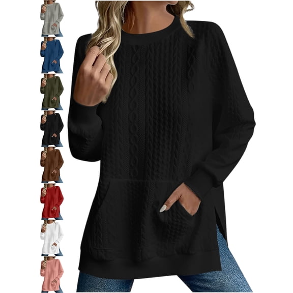 Cable Knit Crewneck Sweater for Women Oversized Pullover Long Sleeve with Pockets Side Slit Casual Everyday Fall Top