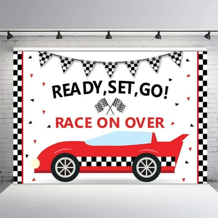 Custom Race Car Birthday Party Backdrop Props Boy Start Your Engines Race On Over Black and Red Party Decorations Photography Background Photo Banner for Cake Table Supplies 7x5ft