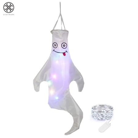 Luxtrada 1pcs Halloween Ghost Windsocks Hanging Decorations - Flag Wind Socks for Home Yard Outdoor Decor Party Supplies with lamp string