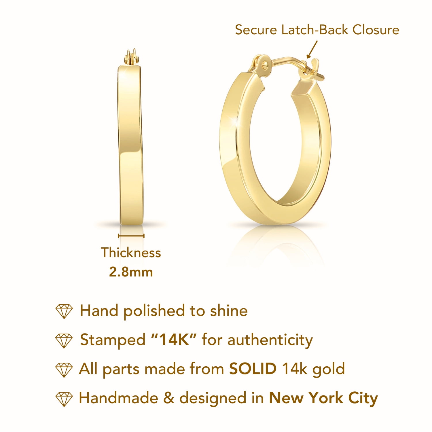 Tilo Jewelry 14K Yellow Gold Polished Chunky Square Tube Hoop Earrings (15mm) for Women & Unisex