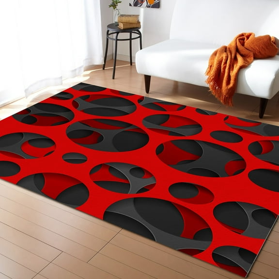 Area Rug 5'x7' 3D Geometric Red Black Abstract Art Modern Washable Area Rugs Non Shedding Floor Carpet Rubber Backing Non-Slip Indoor Mats for Living Room Bedroom Kitchen