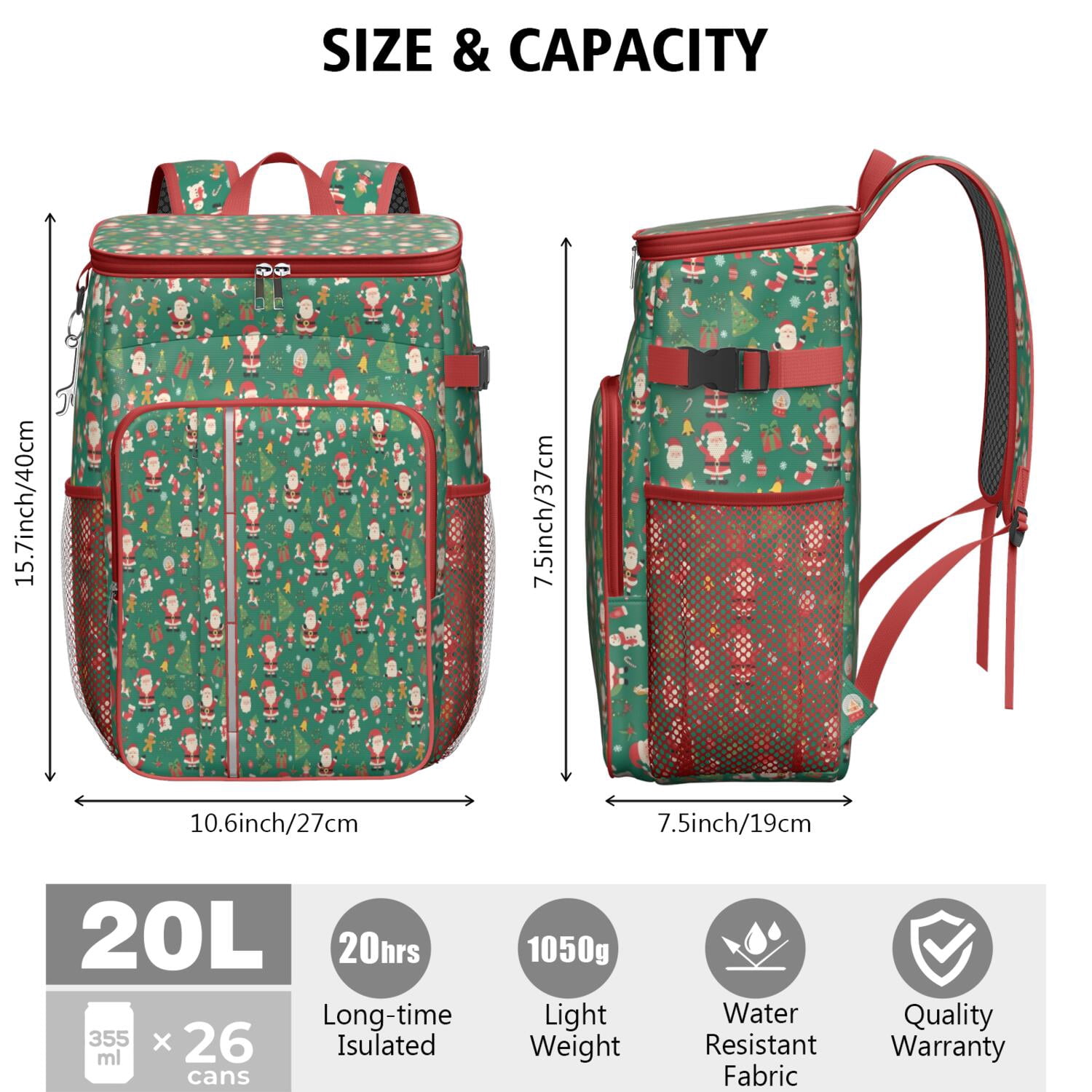 Travel Cooler Bag - Green Christmas Santa and Icon Pattern Camping Beer Cooler Backpack with Bottle Opener- Waterproof Insulated Picnic Backpacks - Cooler Bag for Beach