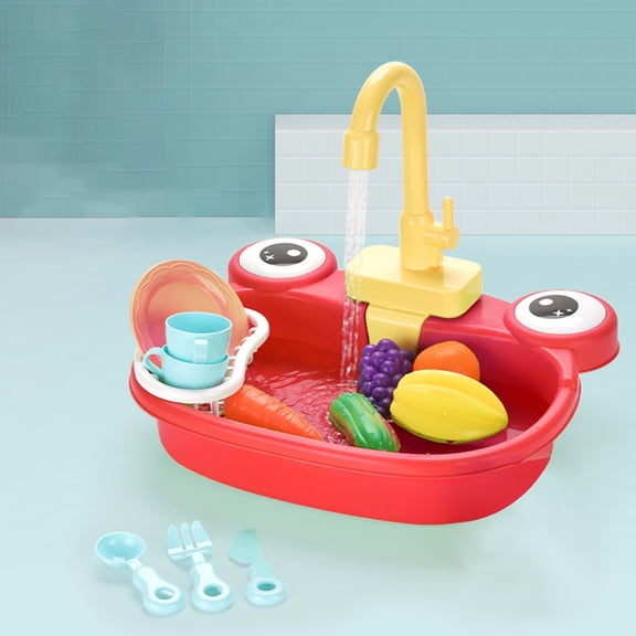 Automatic Water Cycle Kids Play Sink, Pretend Kitchen Dishwashing Toy with Play Food Fruits Vegetables Dishes Utensils, Educational Role Play Toy for Toddlers Boys Girls Ages 3 Birthday Gifts