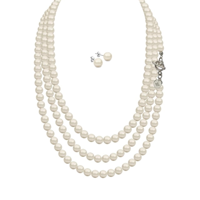 Set Collar Perlas Triple Aretes Zvezda Plata 0.925 Mujer crema Unitalla