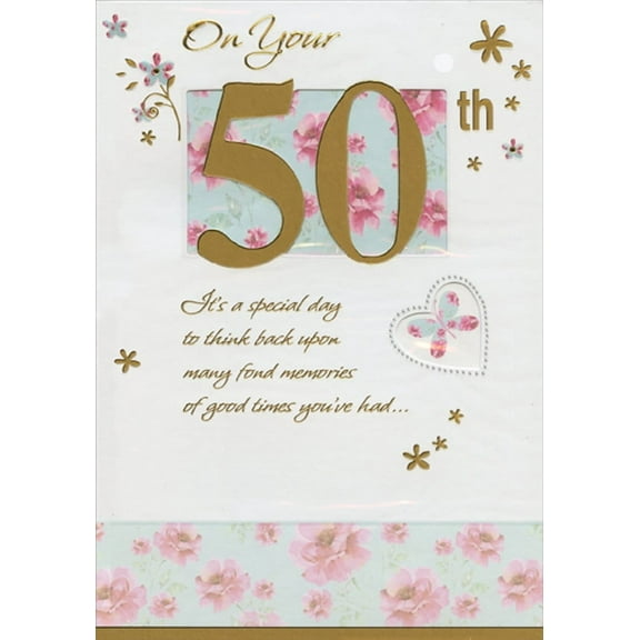 Designer Greetings Foil 50th with Die Cut Floral Window Age 50 / 50th Birthday Card for Her