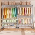 thumbnail image 3 of M MZG Rolling Closet, 3 Tiers Adjustable Wire Shelving Clothes Rack with 2 Rods and Side Hooks, Independent Wardrobe Storage Rack, Capacity 1050 ,17.7” D X 47.2” W X 83.6” H, Chrome, 3 of 8