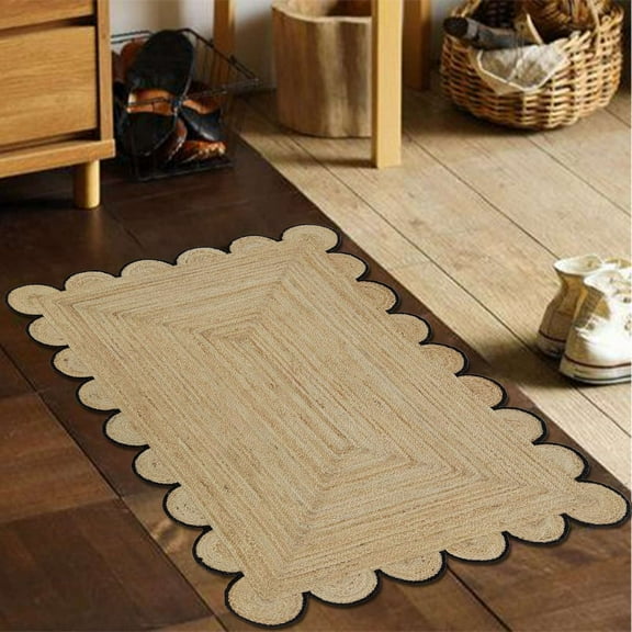 Jute Area Rug For Home And Living Room Décor Rectangular Scalloped Natural Jute Area Rug Carpet Black 2' x 6' BY KALVEERA