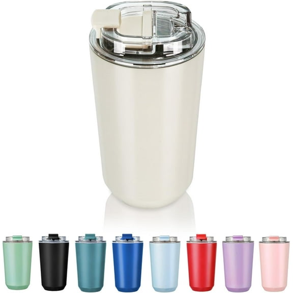 Insulated Tumblers with Lid, 14 oz Travel Coffee Mug Stainless Steel Vacuum Cup, Leak Proof Reusable Double Walled Coffee Tumbler for Iced and Hot Drinks, Cream