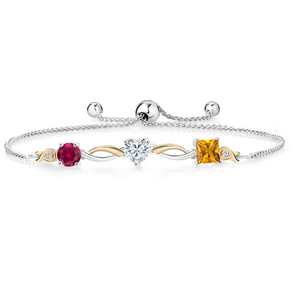 Gem Stone King 925 Silver and 10K Yellow Gold Red Created Ruby Moissanite Yellow Citrine and Lab Grown Diamond Tennis Bracelet for Women By Keren Hanan (2.00 cttw, Adjustable up To 9 inch)