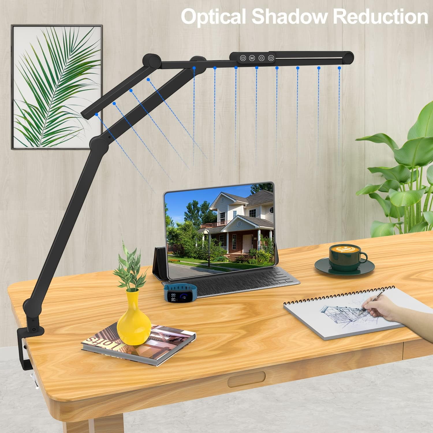 LED Desk Lamp for Home Office - 24W 1500LM Desk Lamps with Clamp Architect Table Lamp Adjustable Head Stepless Dimming Work Light(Black)