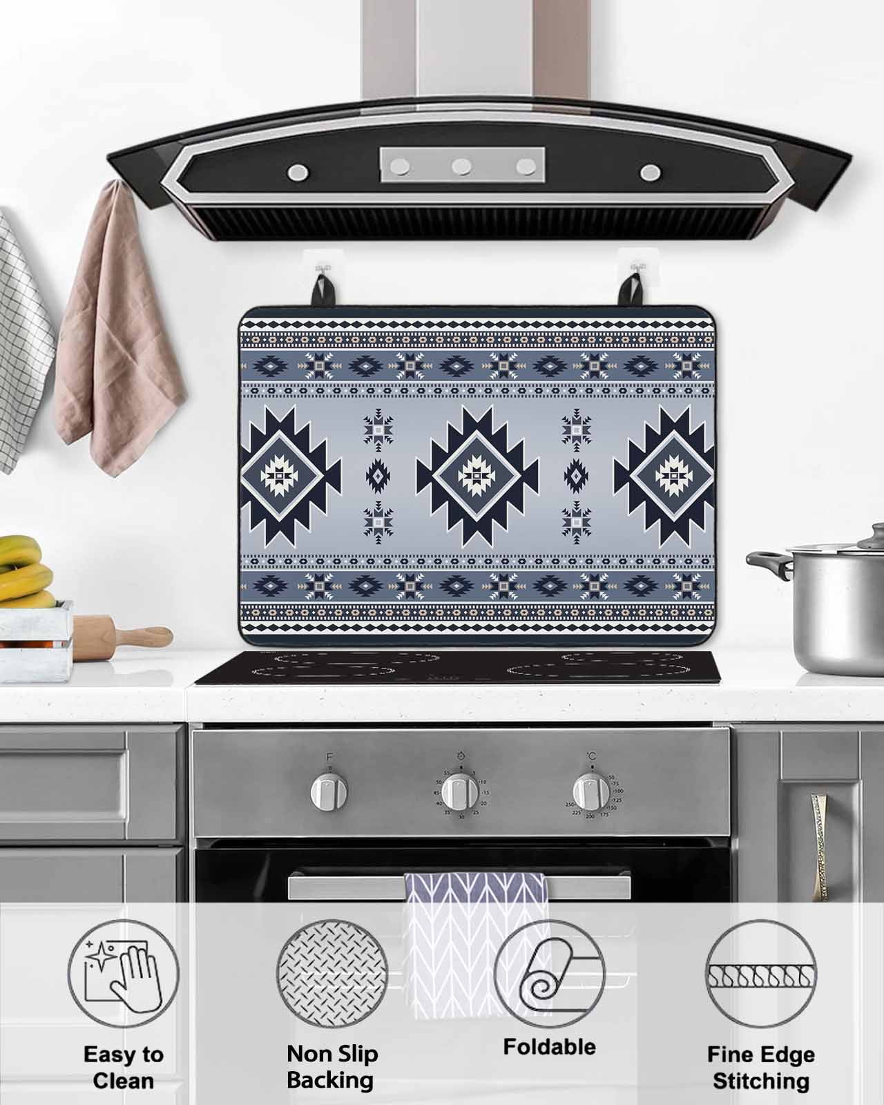 nqOlkjepod Large Induction Cooktop Protector Mat 24"x21", Blue Aztec Stove Top Covers for Electric Stove, Boho Southwest Farmhouse Ethnic Motifs Stove Burner Cover Mats, Glass Top Stove Cover