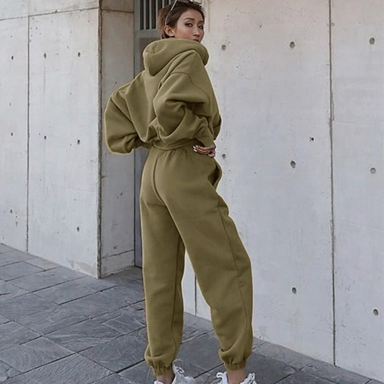 2 Piece Cotton Sweatsuits for Women with Hood Pocket Workout Sports Outfits  Fleece Hoodie and Jogger Pant Sets (Small, Khaki) 