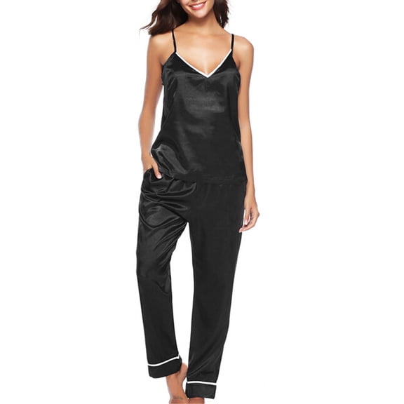 wsevypo Women's Silk Satin Slip Top Long Sleepwear Pajamas (Tops Pants)