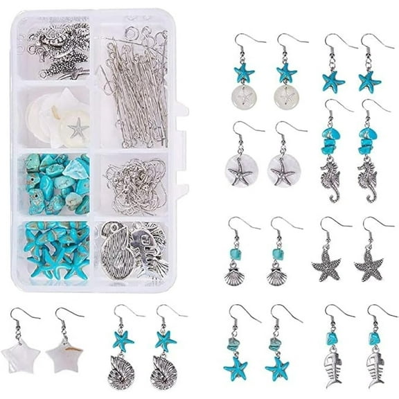 1 Box DIY 10 Pair Starfish Seahorse Shell Turquoise Earring Making Kit Jewelry Making Supplies Beading Starter Kits for DIY Beginner Adults Fish Hook Ocean Beach Theme Instruction