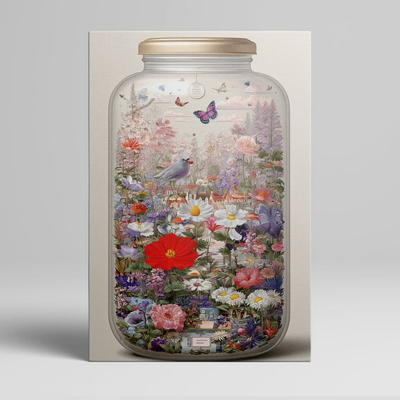 1pc Enchanting Floral and Bird - filled Mason Jar Framed Decor room hanging Wall Picture Decor for Home Gifts, living room, bathroom, bedroom, kitchen wall art decor canvas wall art