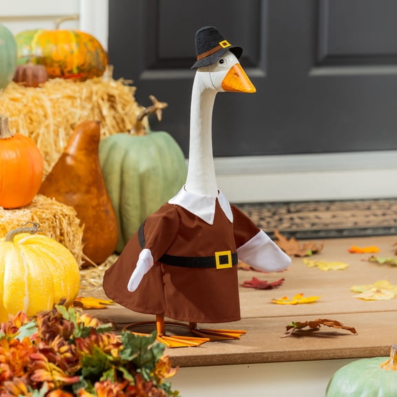 Evergreen Porch Goose Outfit for Giddy the Goose, Harvest Pilgrim Couple Decorative Clothes Costume for 21" Garden Geesse Statues, Seasonal Home Dcor
